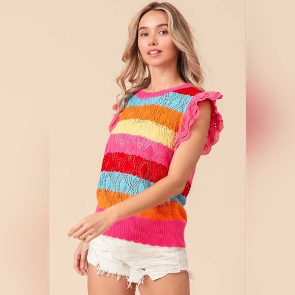 BiBi Pointelle Striped Ruffled Knit Top - Picture 2 of 5